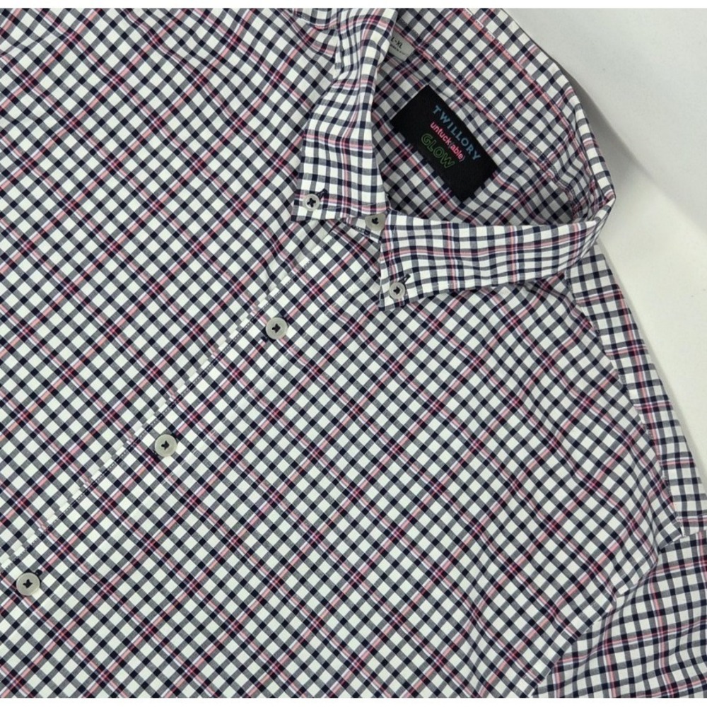 Twillory Men's L-XL Untuck(able) Tailored Fit Button Shirt Pink Blue Check Glow